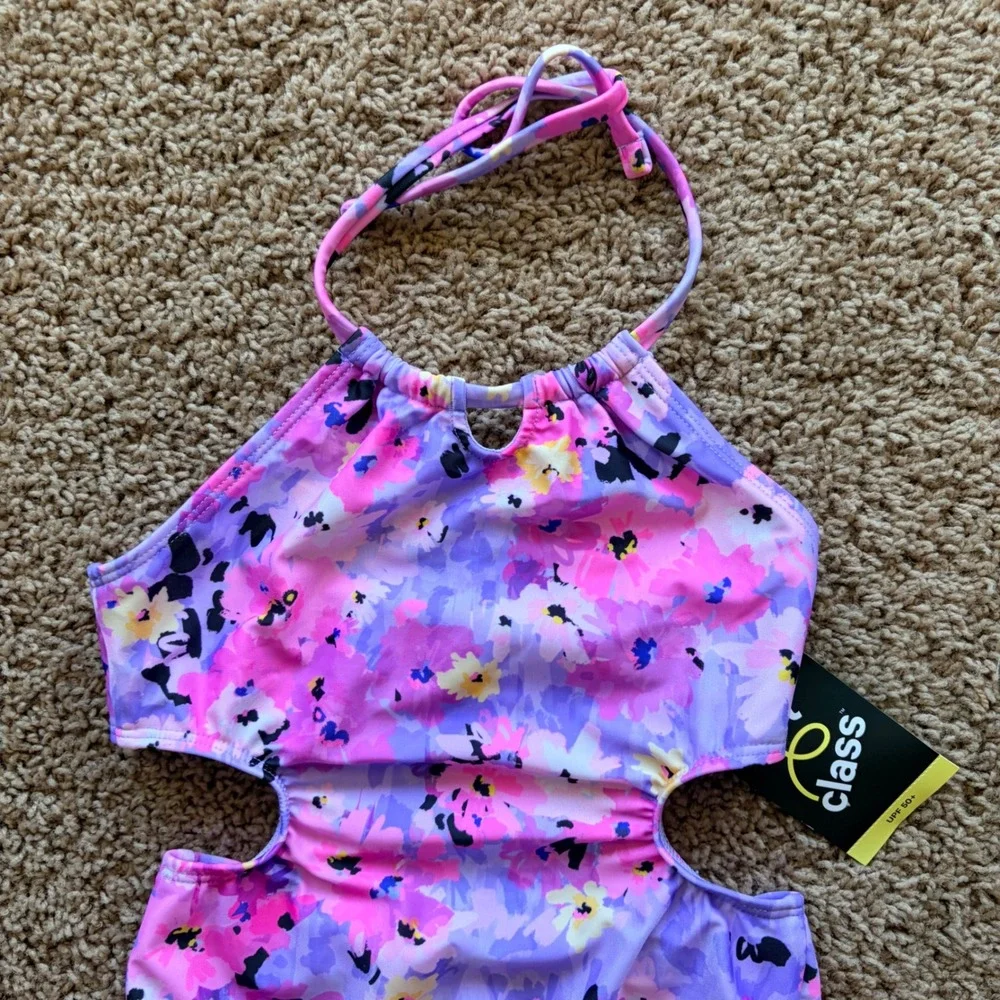 Art Class Floral Halter Cutout 1pc Swim Bathing Suit Girl Small 6/7 NEW NWT